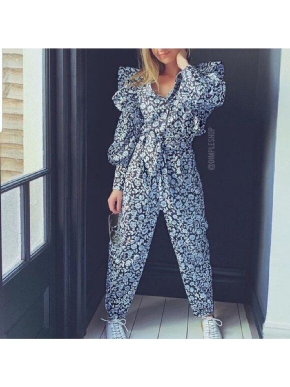 Zara Floral Poplin Ruffle Jumpsuit XS Blue Belted SS20 Blogger Fav TRF Cotton - Picture 14 of 15